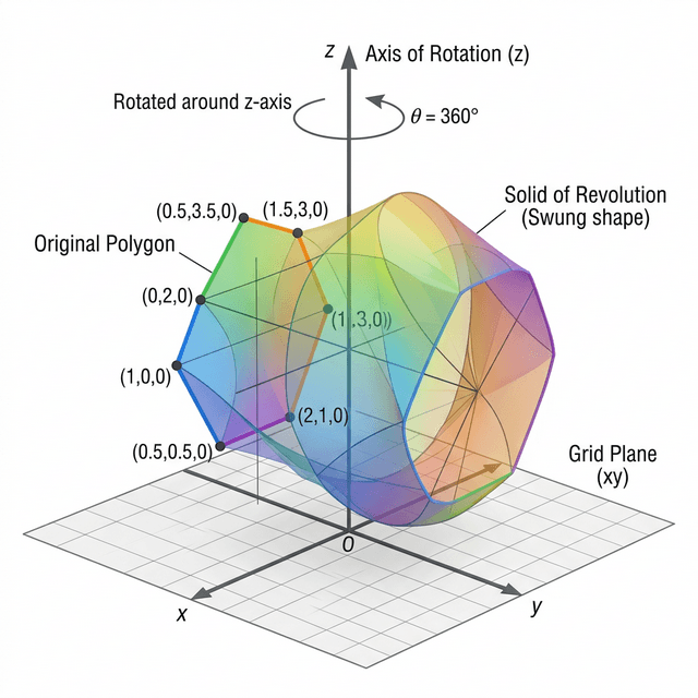 Volume calculator for solids of revolution. Real-time computation based on defined polygon vertices. Utilize the code editor to establish auxiliary variables, enabling parametric calculations.